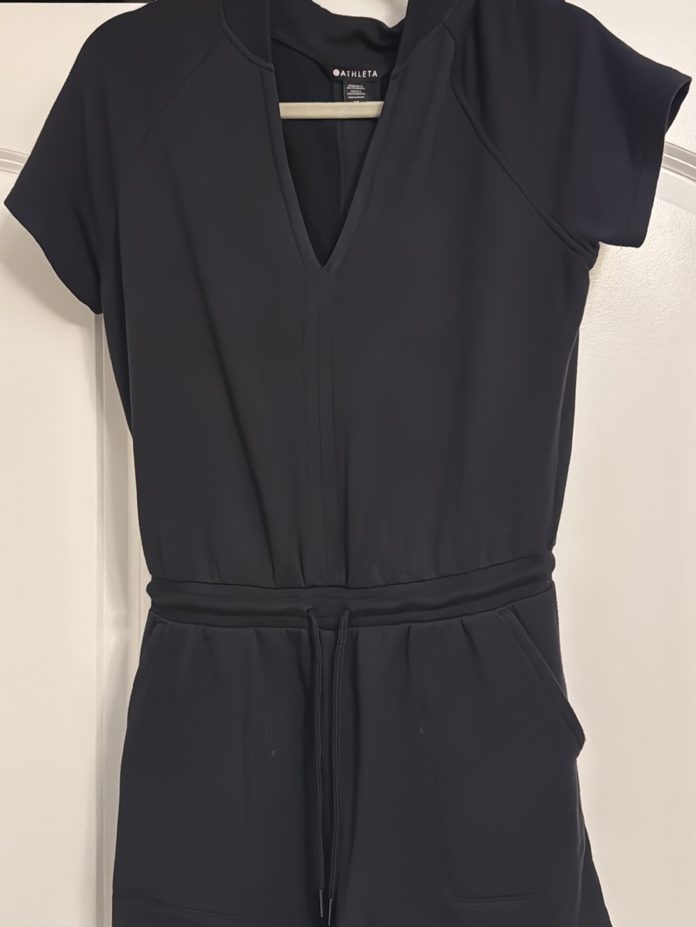 Athleta Black Short-Sleeve V‑Neck Jumpsuit with Drawstring Waist